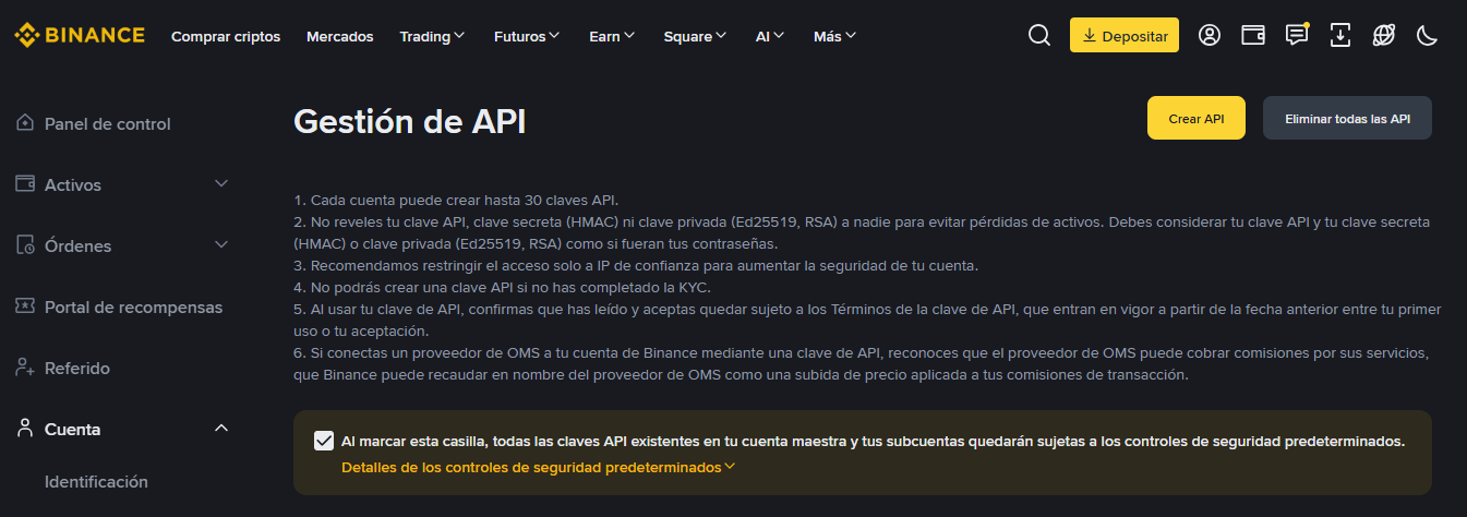 Pantalla de Gestión de API en Binance, con el botón para crear una clave nueva