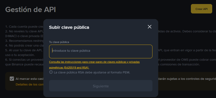 Formulario de Binance donde se pega la llave pública autogenerada