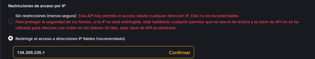 Campo de Binance con la dirección IP del servidor escrita