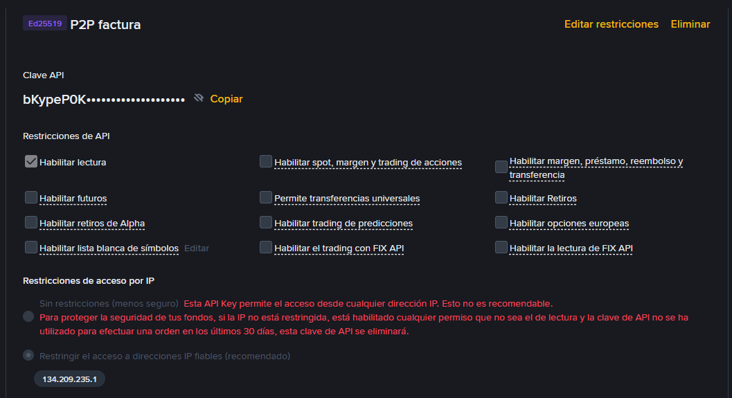 Binance mostrando la API Key lista para copiar
